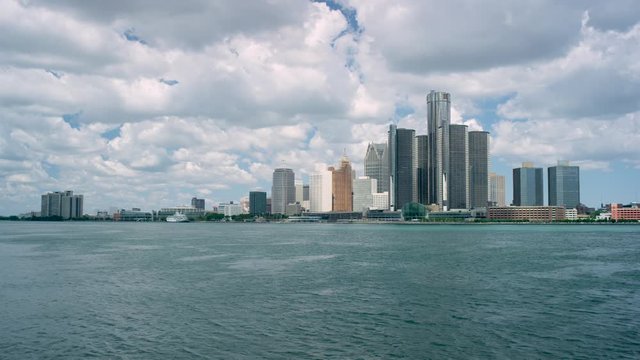 Detroit Skyline From Across The River Wide Clouds And Sun