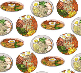 Seamless pattern with coloring cartoon illustration of  ramen in different angles. Noodles. Vector texture for wallpaper, wraps, fabric and your crativity