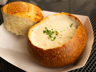 Creamy clam chowder sourdough bread bowl in San Francisco, California