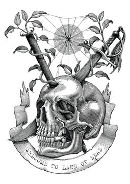 Naklejka Swords and nails are inserted into the skull in the deserted land. Engraving illustration vintage style for tattoo art.