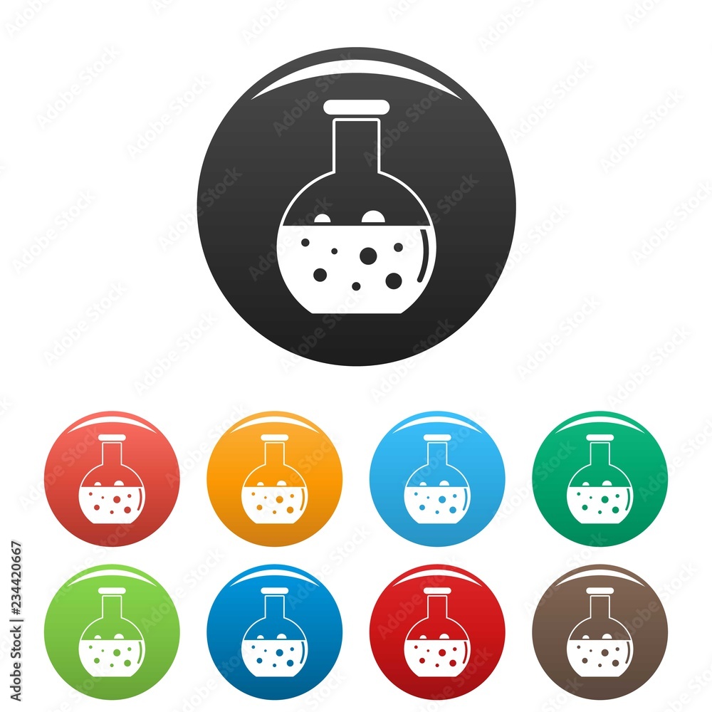Poster chemical round flask icons set 9 color vector isolated on white for any design