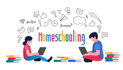 Homeschooling. Children sit at laptops and study far off in online to school.