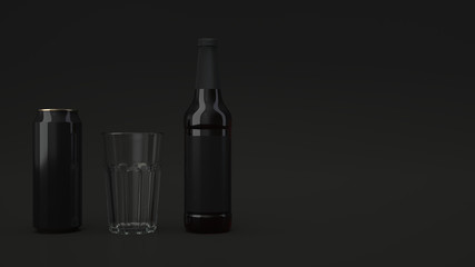 Mock up of beer bottle, can and an empty glass