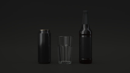 Mock up of beer bottle, can and an empty glass