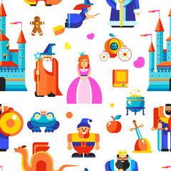 Disneyland princess and wizards, castle seamless pattern vector.