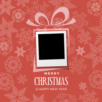 Christmas and winter background with photo, blank frame. Vector template with picture to insert