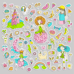 Colored Set of teenage girl stickers, cute cartoon teen patches, fun stickers design vector in teenager girls concept. Doodle icon set for teenagers. Colored hand drawn pizza, unicorn, sweets.