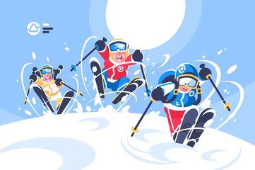 Happy children skiing flat poster
