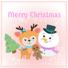 Obraz na płótnie Canvas Christmas card with cute deer snowman and tree