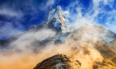 Photo sur Aluminium brossé Himalaya Le randonneur atteint le sommet du pic de montagne de Machapuchare. Une montagne dans l& 39 Himalaya Annapurna du centre-nord du Népal. Point de vue depuis la piste du camp de base de Mardi Himal