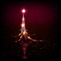 Dark pink Christmas card with shiny Christmas tree with mirror image.