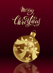 Christmas glass ball with a pattern of golden angels with a mirror reflection. Festive littering. Realistic image on red background.