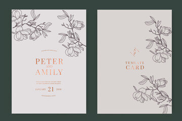 Wedding Invitation, floral invite thank you, rsvp modern card Design in white magnolia with Metallic text and leaf greenery  branches decorative Vector elegant rustic template