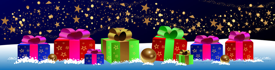 Naklejka premium New Year and Christmas gifts with silk bows and golden stars in the snow. Congratulatory poster. Editable vector image.