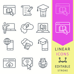 E-learning line icons set. Black vector illustration. Editable stroke.