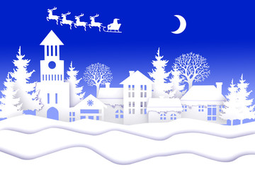 Fototapeta na wymiar 3d rendering paper cut village of santa claus and deer snowman figurines christmas holiday