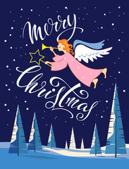 Merry Christmas! Festive angel Lettering.   Winter. Landscape with stylized trees, trees, snow and sunlight. Vector image.