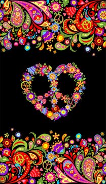 Fashion print with colorful floral summery seamless border and hippie peace flowers symbol for shirt design and party poster on black background