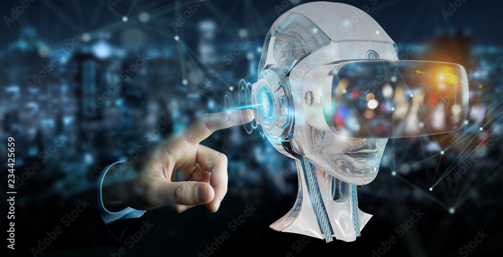 Poster businessman using virtual reality and artificial intelligence 3d rendering