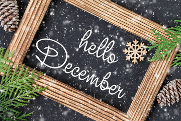 HELLO DECEMBER lettering card. Christmas New Year background