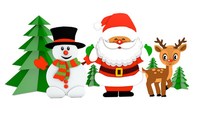 3d rendering paper cut of santa claus and deer snowman figurines christmas holiday