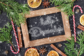 HELLO DECEMBER lettering card. Christmas New Year background.