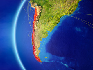 Chile from space on model of Earth with international network. Concept of digital communication or travel.