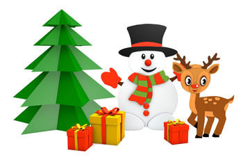 Fototapeta premium 3d rendering paper cut of snowman and deer snowman figurines christmas holiday