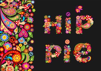 Naklejka na ściany i meble Hippie flowers colorful print for t shirt, festival poster and other design