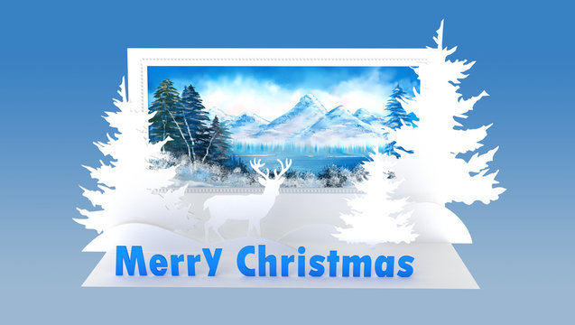 digital art picture postcard on the theme of Christmas with deers and Christmas trees winter landscape