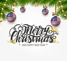 Vector chriatmas patriotic illustration with lettering and american flag balls. Merry Christmas USA