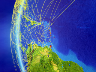Caribbean from space on model of Earth with international network. Concept of digital communication or travel.