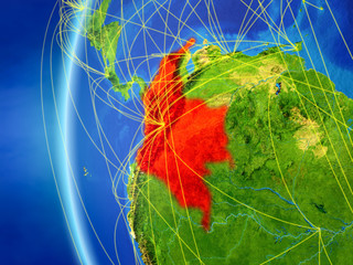 Colombia from space on model of Earth with international network. Concept of digital communication or travel.
