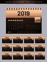 Complete set of 12 months desk planner design for year 2019 with company contact details.