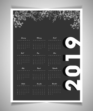 Wall calendar design for year 2019 decorated with doodle flowers on black background.