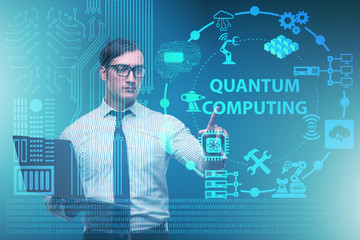 Businessman pressing virtual button in quantum computing concept