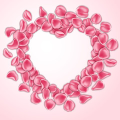 Fototapeta na wymiar Heart-shaped frame made of pink rose petals. Valentines Day card template