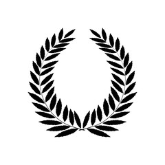 Black laurel wreath reward. Modern symbol of victory and award achievement champion. Leaf ceremony awarding of winner tournament. Monochrome template for badge. Design element. Vector illustration.