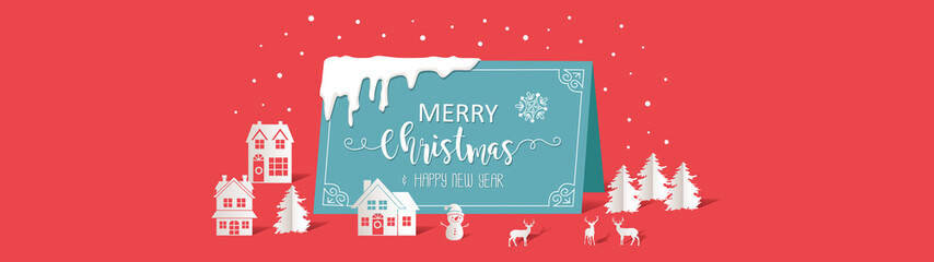 Fototapeta na wymiar Merry Christmas and Happy New Year. Greeting card with paper art style concept.