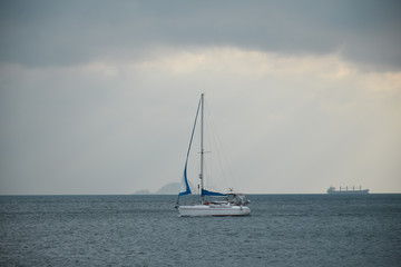 sail inflatable boat on a cloudy day