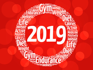 2019 health and sport goals word cloud, concept background