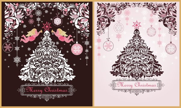 Ornate vintage sweet Christmas greeting cards variation with floral decorative paper cut out border, xmas tree, pink angels and hanging decoration with snowflakes