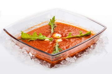 Spanish cold tomato soup gazpacho on ice