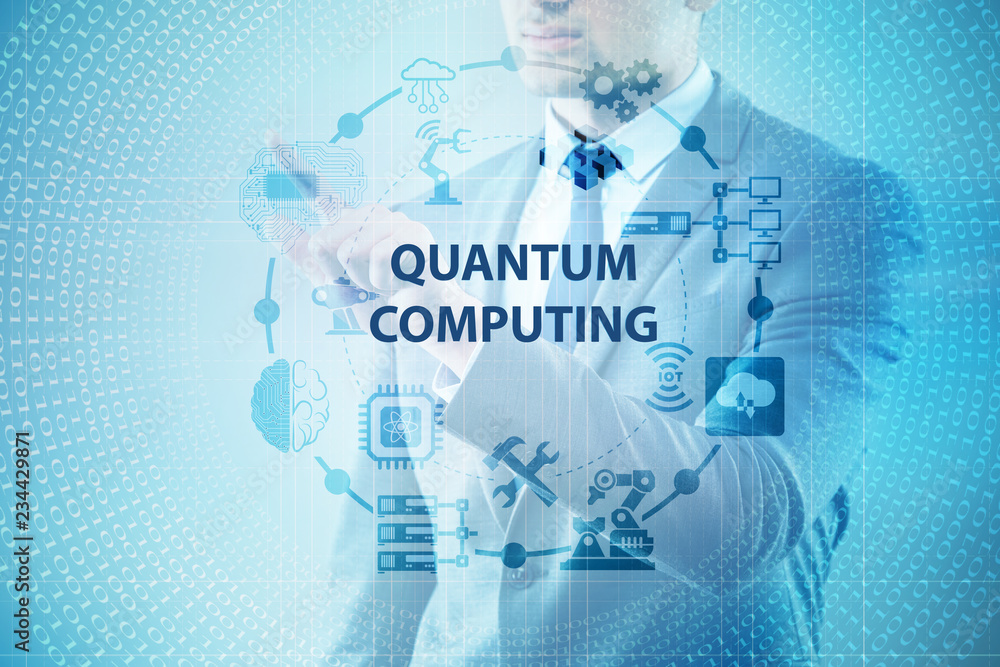 Poster businessman pressing virtual button in quantum computing concept