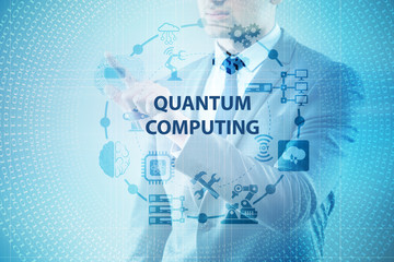 Businessman pressing virtual button in quantum computing concept
