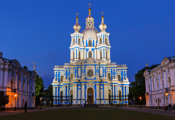 Smolny of the resurrection of Christ Cathedral in St. Petersburg during the white nights, Russia
