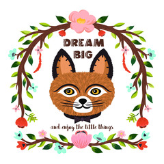 Dream Big and enjoy the little things design with cute cat and floral frame. Set of adorable kitten face and flowers. Vector hand drawn cat art print