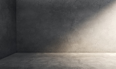 Interior room with corner of dirty concrete cement walls and floor. Underground showroom with right side sun light. 3d rendering illustration