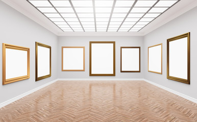 3d rendering illustration of classical gallery. Fine art museum. White blank canvases in gorgeus golden frames. Poster, artwork, paint mock up, template. Bright sunny room with light illuminating 