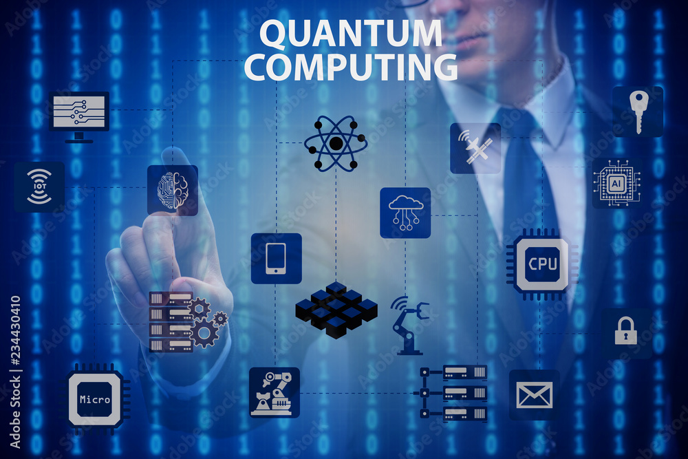 Aufkleber businessman pressing virtual button in quantum computing concept